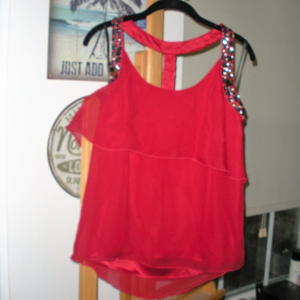 BEBE Chiffon over satin lining grommet and stud accent top